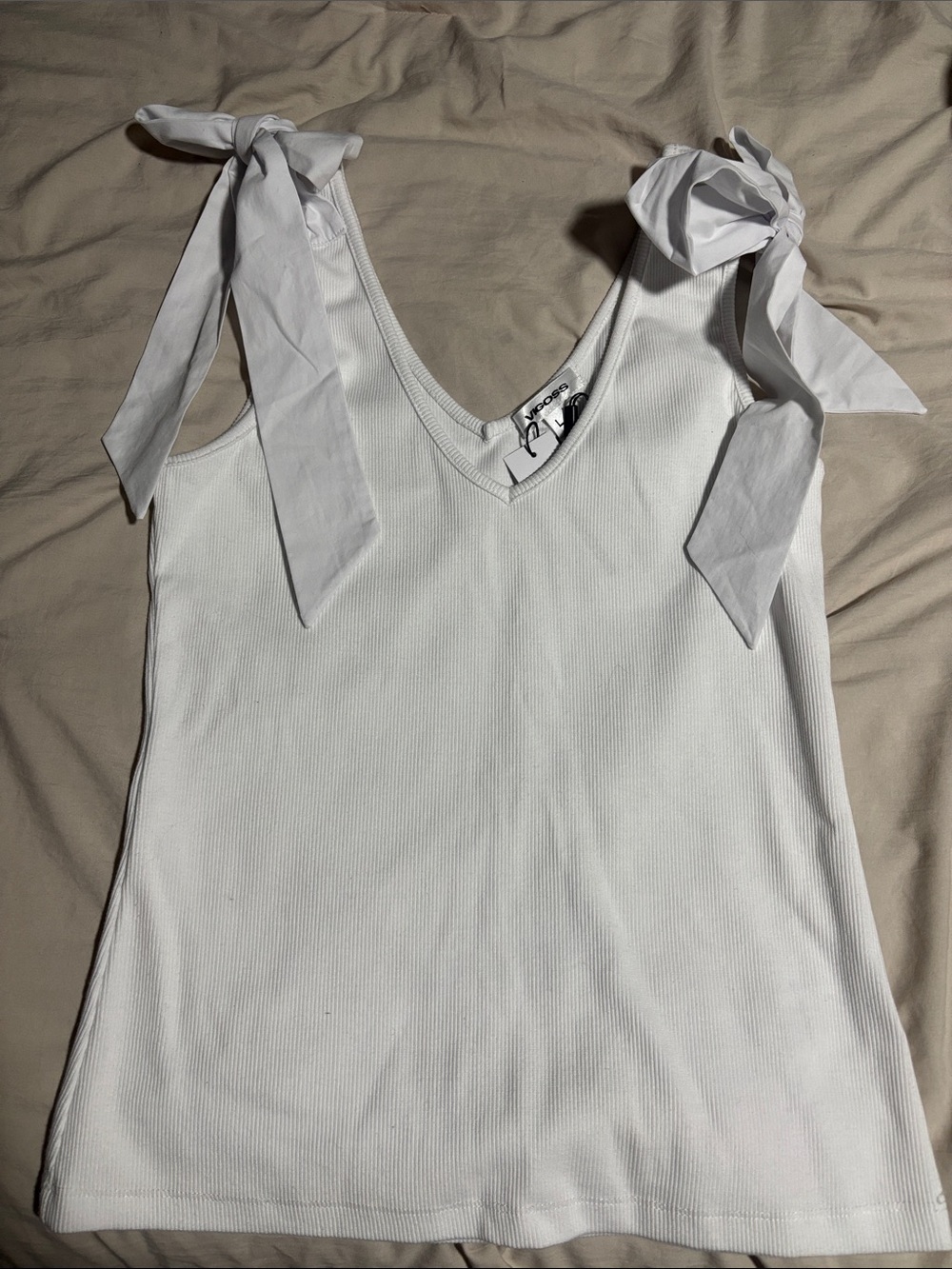 Vigoss White Ribbed Tie-Shoulder Tank